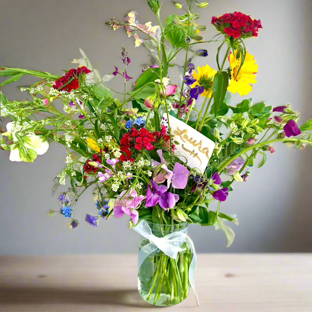 Flower arrangement in Mason jar from The may Garden