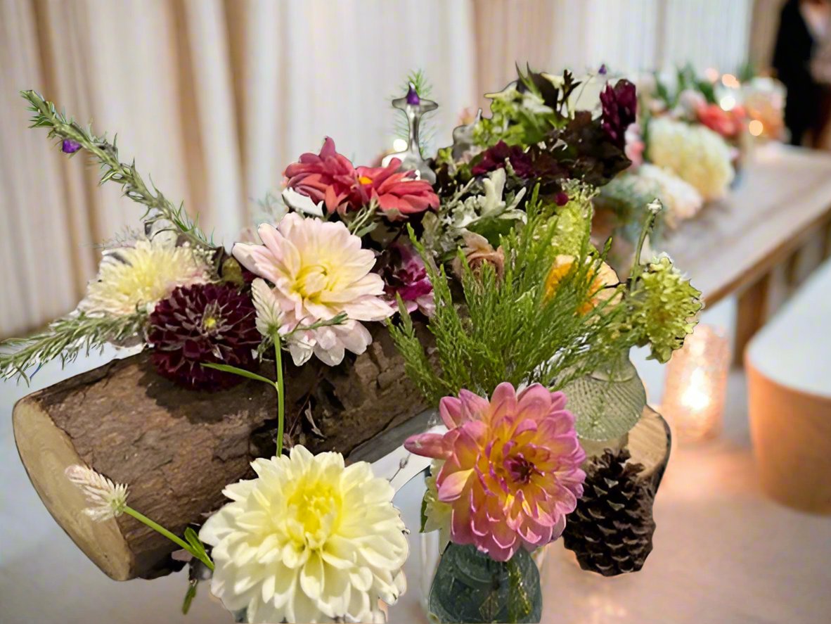 dahlia table arrangement at wedding from the may garden