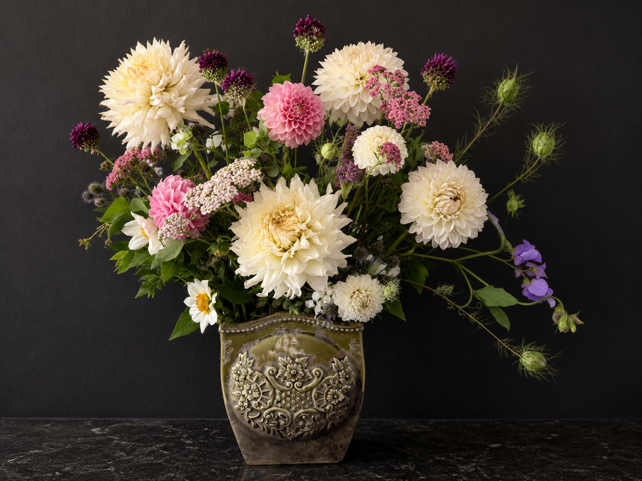 Elegant cream-and-pink dahlia arrangement for an office front desk, The May Garden